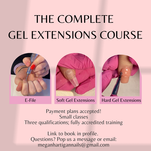 E-file, soft gel extensions and hard gel extensions for the complete gel extensions course at Megan Hartigan nails and beauty academy in Charleville, Co. Cork